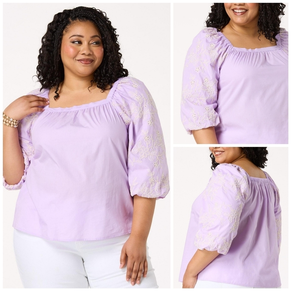 Tops - Eyelet Balloon Sleeve Top Shirt Blouse Lavender
